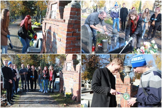 Uczniowie Zespołu Szkół Elektrycznych na kilka dni przed dniem Wszystkich Świętych odwiedzili i posprzątali groby na cmentarzu we Włocławku przy alei Chopina, 27 października 2022 roku.
