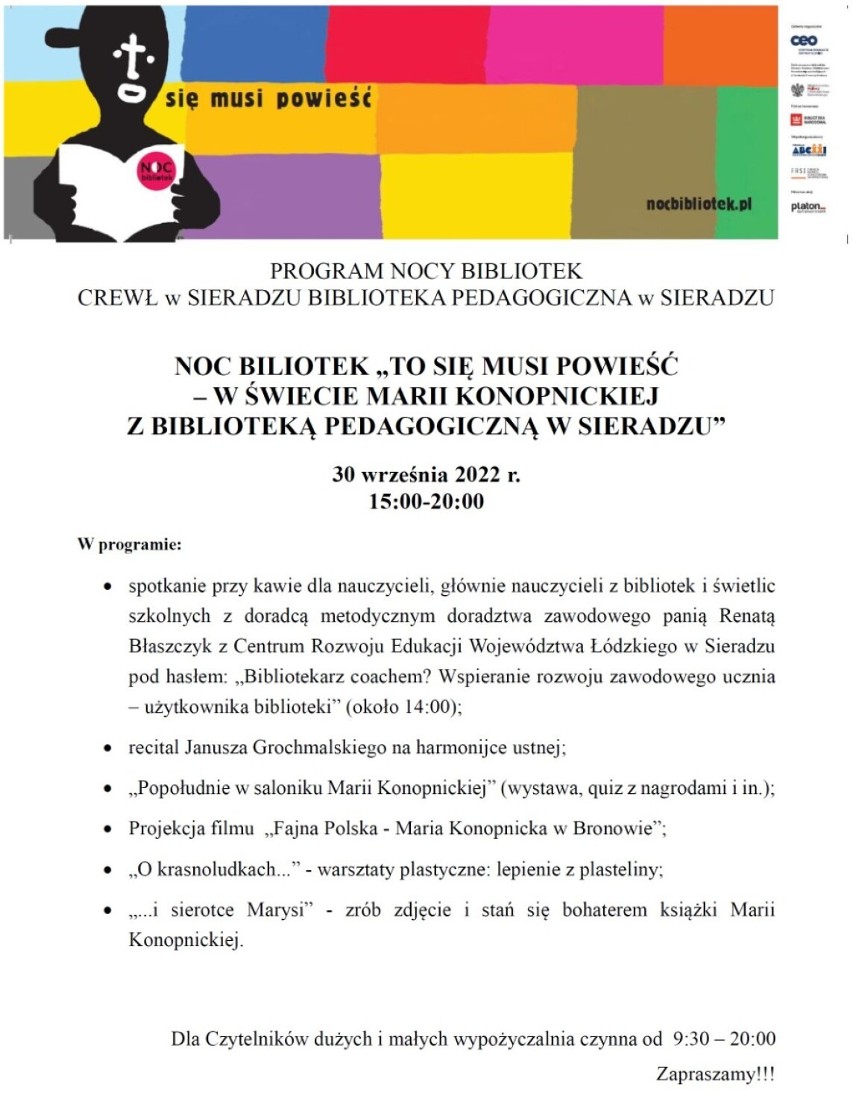 Noc Bibliotek 2022 w Bibliotece Pedagogicznej w Sieradzu i jej Filiach w Pajęcznie, Poddębicach i Łasku w piątek 30 września