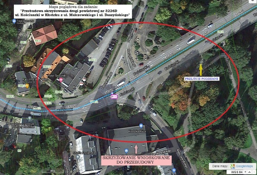 Mapa przedstawiająca skrzyżowanie ulic Malczewskiego,...