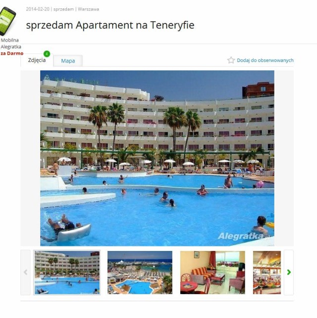 Na sprzedaż wystawione zostały udziały w hotelu La Pinta Beach Club na Teneryfie, warte 28 500 zł.

Uprawniają one co roku do tygodniowego pobytu w czteroosobowym apartamencie. Jednocześnie umożliwiają wymianę między hotelami na całym świecie, zrzeszonymi w sieci RCI. Tak więc co roku można spędzać wakacje gdzie indziej.
 
SZCZEGÓŁY OFERTY