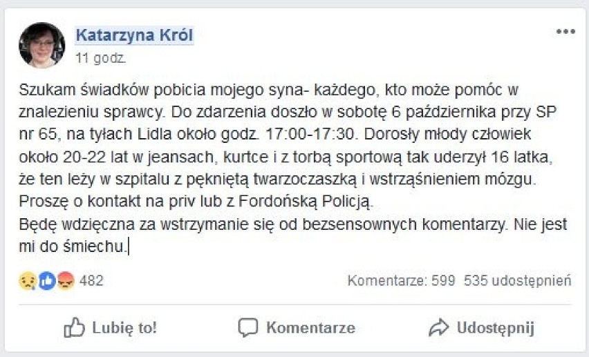 Brutalne pobicie szesnastolatka w Bydgoszczy. Matka chłopaka prosi o pomoc
