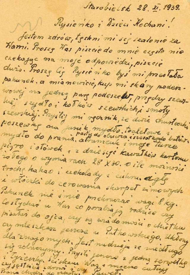 Tę kartkę z obozu w Starobielsku wysłał por. Paweł Fernezy.