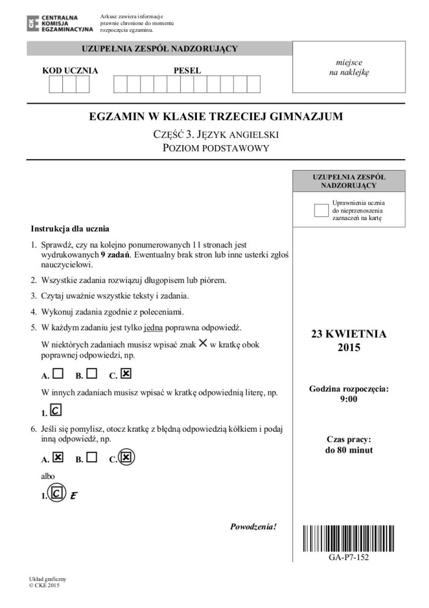 Egzamin gimnazjalny 2015 z CKE angielski podstawowy [ARKUSZE...