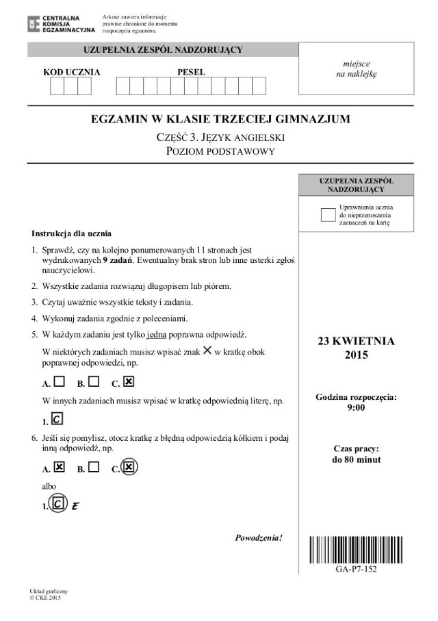 Egzamin gimnazjalny 2015 z CKE angielski podstawowy [ARKUSZE dla uczniów  niesłyszących] | małopolskie Nasze Miasto