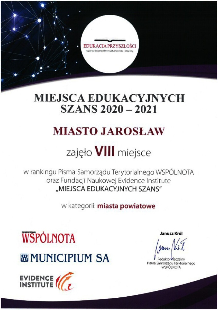 Jarosław zdobył tytuł "Miejsca Edukacyjnych Szans 2020-2021" w kategorii miast powiatowych