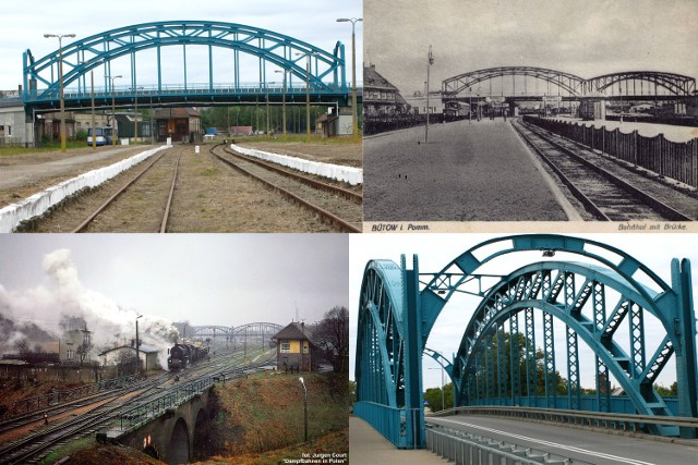 Szczeciński Most Kłodny odnaleziono w Bytowie. Na zdjęciach aktualny wygląd mostu (lewy górny róg i dolny prawy), bytowski most przed wojną (prawy górny róg) i w 1986 roku (lewy dolny róg)