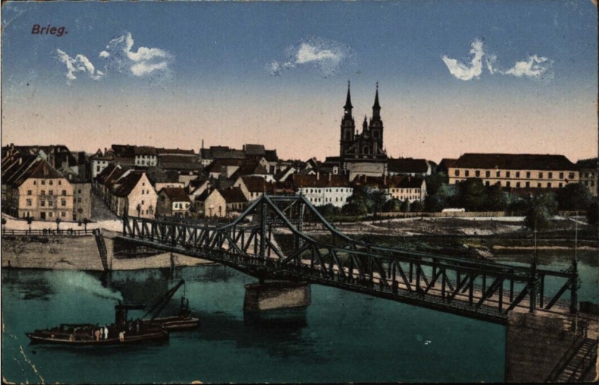 Brzeg przed wojną w kolorze. Rok 1918. Most Odrzański z...