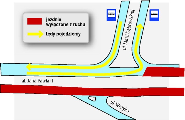 Ruch dwukierunkowy  obowiązywał będzie od  ul. Wysockiej do ul. Marii Dąbrowskiej. Do  ronda Czyżyńskiego pojedziemy objazdem