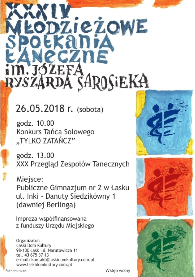 W sobotę 26 maja w gimnazjum przy ul. Inki (d. Berlinga) odbędą się XXXIV MST im. J. R. Sarosieka. Konkurs tańca solo rozpocznie się o godz. 10, a XXX Przegląd Zespołów Tanecznych o godz. 13.

Harmonogram wydarzeń MST 2018:
10:00 - Konkurs Tańca Solowego,
13:00 - uroczyste otwarcie MST 2018,
13:15 - Przegląd Zespołów Tanecznych:
Od 13:15 - Taniec Współczesny kat. do 11 lat,
13:50 - taniec nowoczesny kat. do 11 lat,
14:40 - taniec współczesny kat. 12 - 16 lat,
15:30 - taniec nowoczesny kat. 12 - 16 lat,
16:15 - kat. powyżej 16 lat.