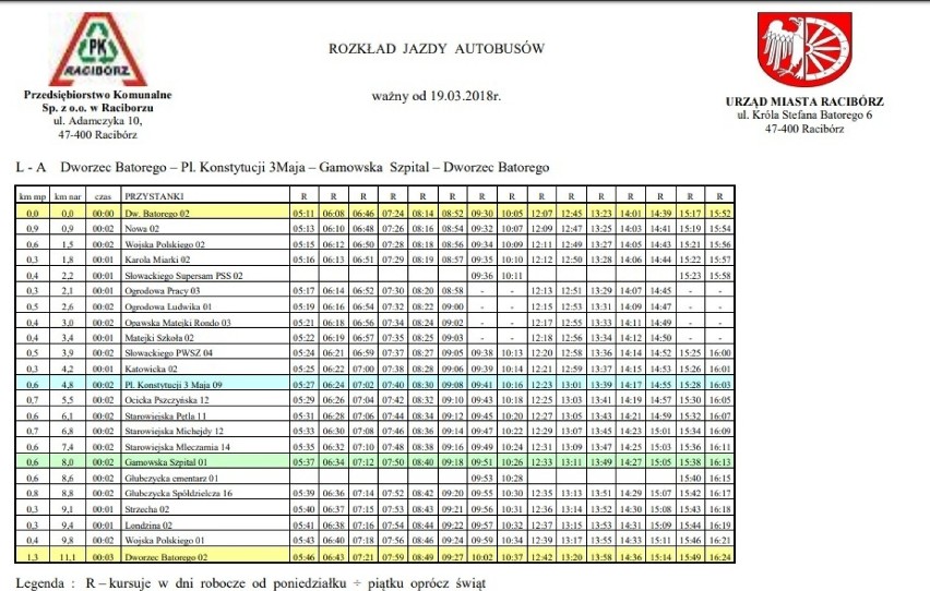 Rozkład jazdy w Raciborzu - DNI ROBOCZE