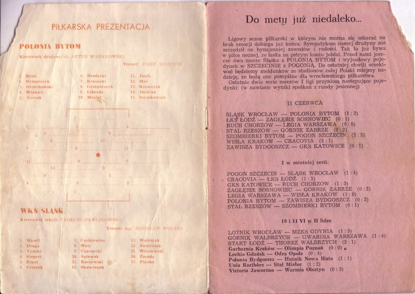 Wygrzebane z szuflady: Programy meczów Śląska z lat 60. (ZOBACZ KONIECZNIE)