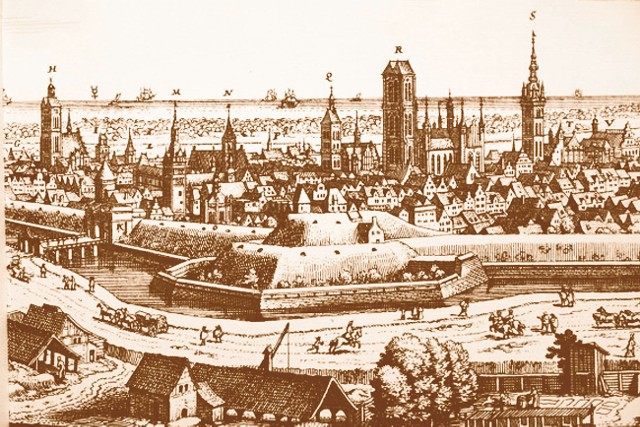 Panorama Gdańska na rycinie z XVII wieku, z okresu pobytu w mieście Charles'a Ogiera