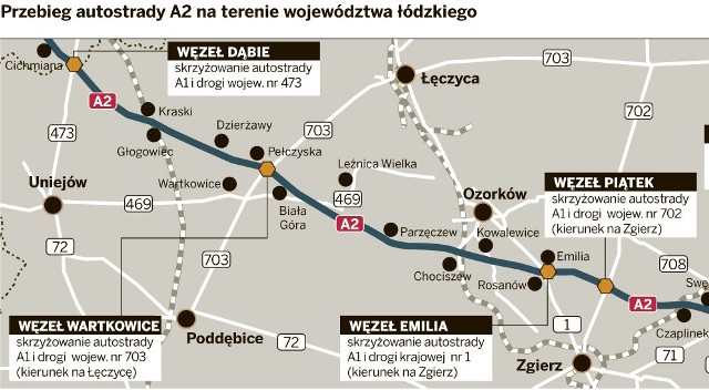 Przebieg autostrady A2 na terenie województwa łódzkiego