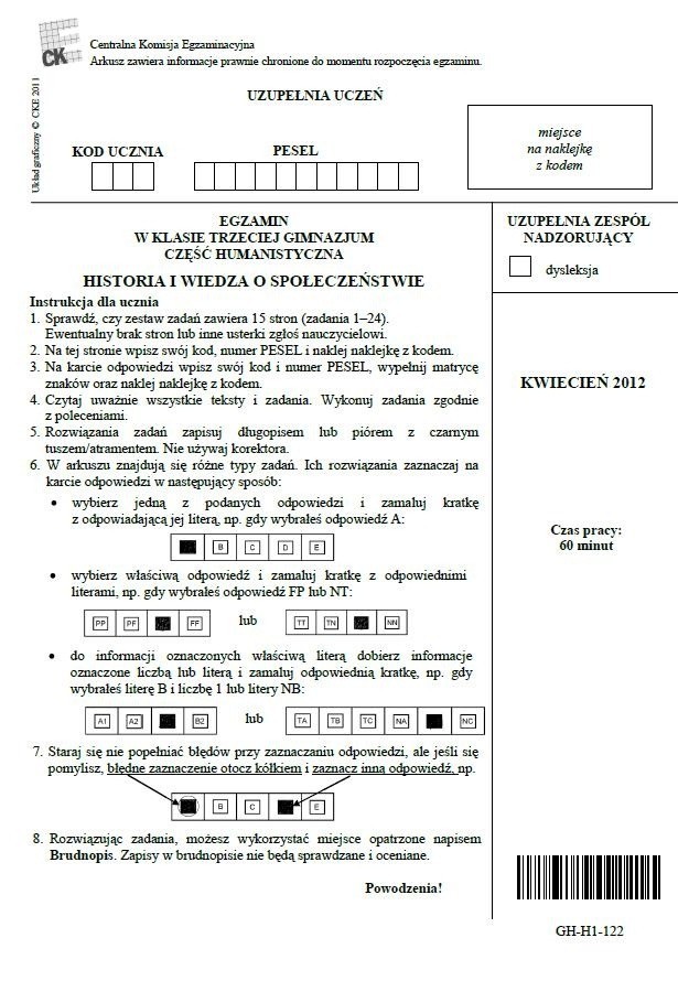 Egzamin gimnazjalny 2012: Test z historii i wiedzy o społeczeństwie [ARKUSZE, ODPOWIEDZI]