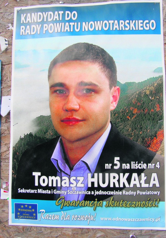 Sporny plakat kandydata na radnego powiatowego Tomasza Hurkały znalazł się w całej Szczawnicy