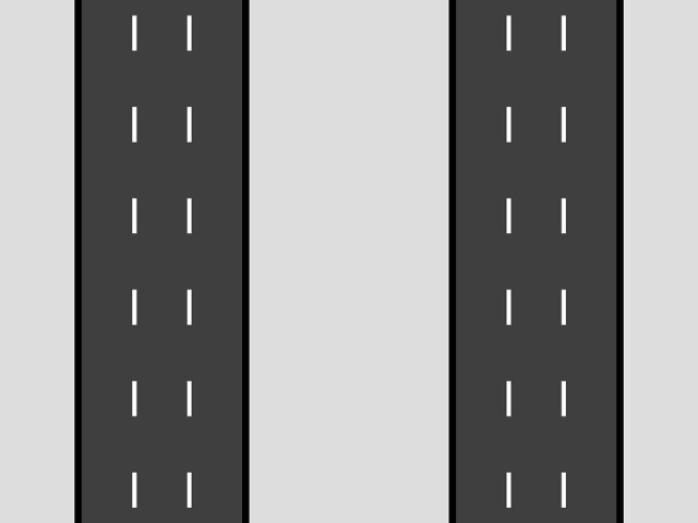 Oto przykład dwujezdniówki która ma równe 6 pasów ruchu (lewa 3 pasy i prawa też 3), jasnoszare oznacza beton (chodnik to po prawej i lewej stronie drogi, a po środku między dwoma jezdniami to granica dwóch jezdni), ciemnoszare to dwie jezdnie.