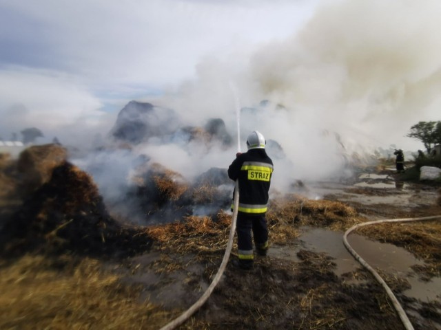 Strażacy dogaszają pożar po uderzeniu pioruna w stóg siana w miejscowości Redecz Kalny w pow. włocławskim.