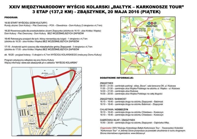 Wyjazd ze Zbąszynka poprzedzony był trzema rundami po 4700 m, następnie kolarze ruszyli do Babimostu a następnie do Trzebiechowa i Bojadła, po czem powr&oacute;cili do Zbąszynka, gdzie musieli pokonać jeszcze pięć rund po 4700 m. 
Fot. Zdzisław Nowak