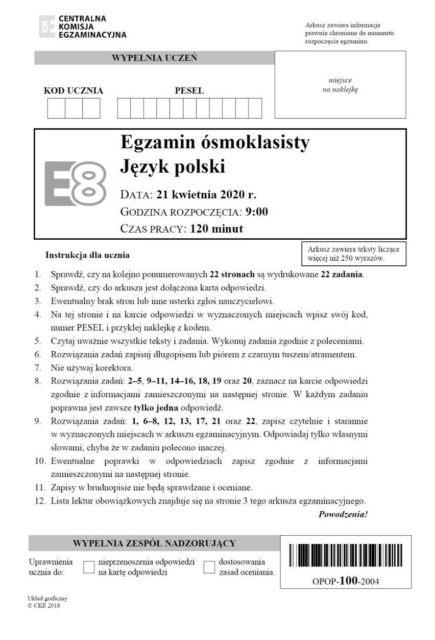 Egzamin ósmoklasisty z CKE 2020 polski. ARKUSZ i klucz odpowiedzi. Jakie tematy pojawiły się na teście z polskiego? 16.06.2020