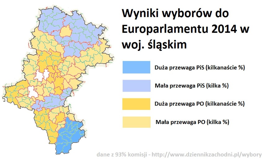 Eurowybory 2014 w woj. śląskim. Wyniki w miastach i powiatach [TABELE, MAPY]