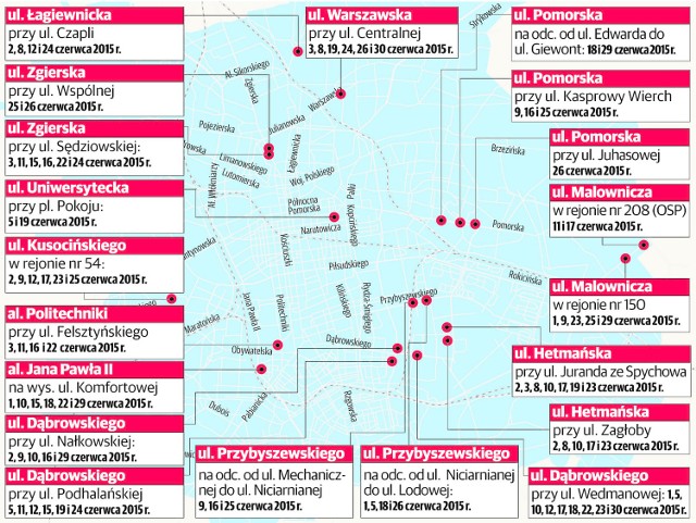 Mapa lokalizacji fotoradaru straży miejskiej w Łodzi w czerwcu