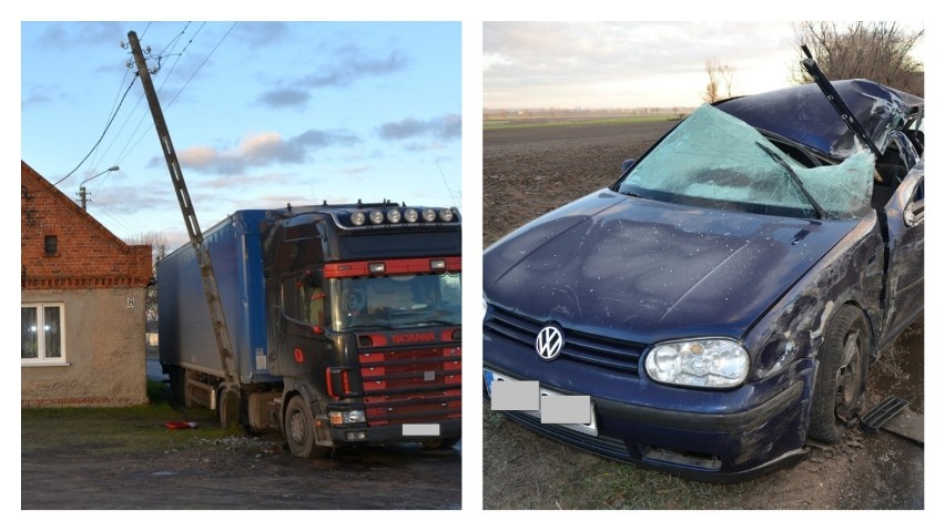 Wypadek powiecie radziejowskim. Czołowe zderzenie ciężarowej scanii z volkswagenem golfem [zdjęcia]