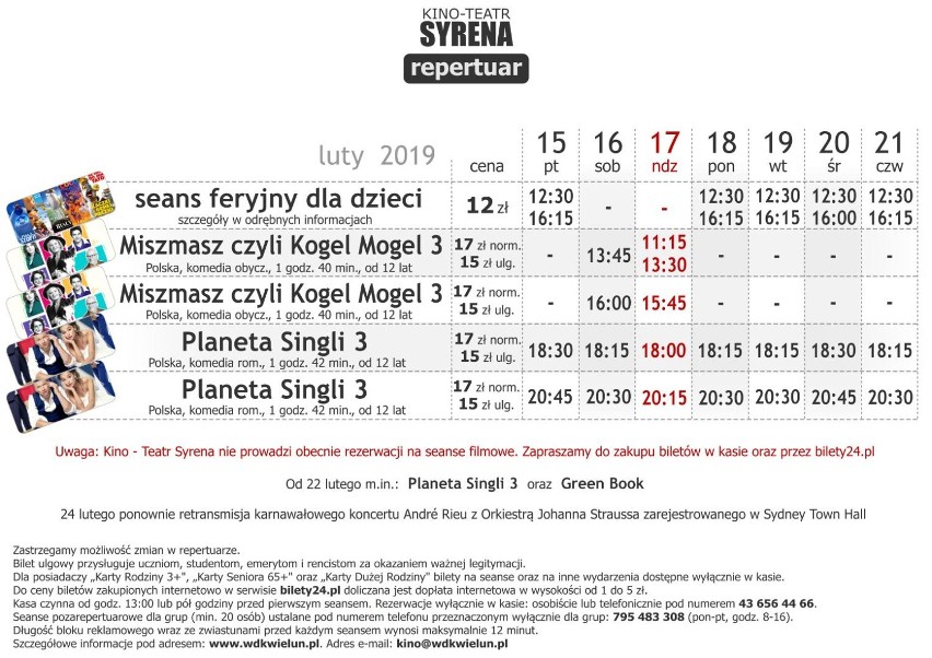 Repertuar Kina Syrena w Wieluniu od 15 do 22 lutego.