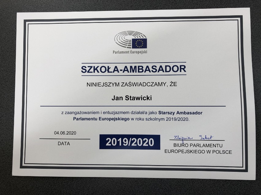 Malbork. ZSP 3 cały czas jest ambasadorem Parlamentu Europejskiego. Szkoła otrzymała kolejny certyfikat