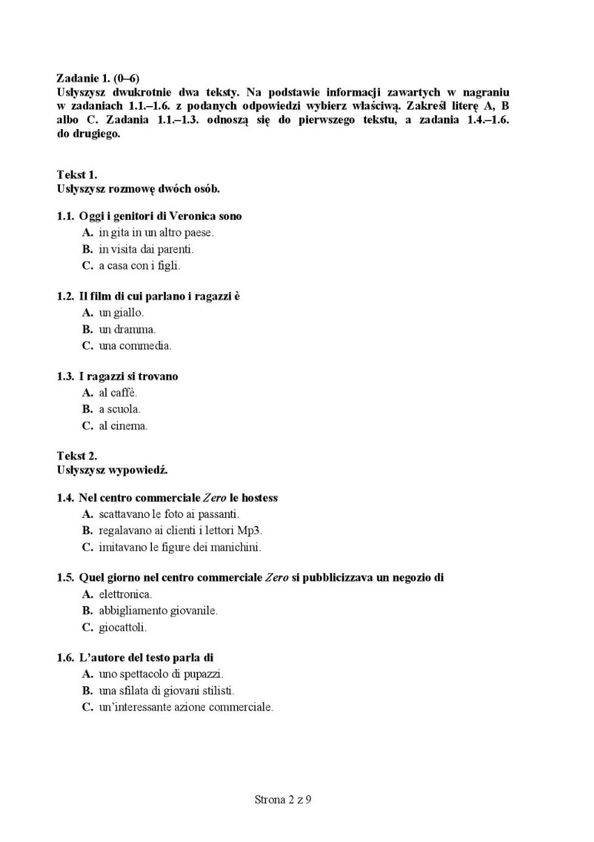 Egzamin gimnazjalny 2014 - język włoski, poz. rozszerzony.