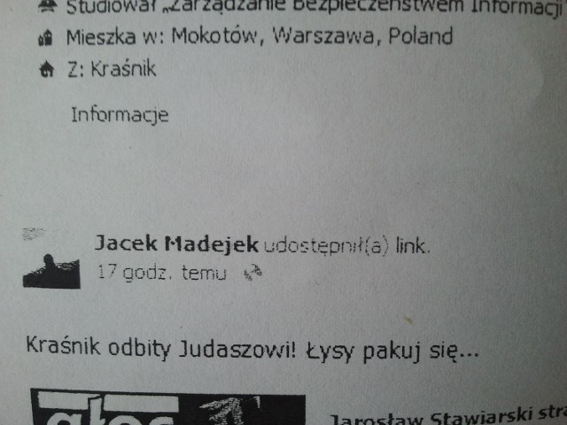 Wydrukowany screen przedstawiający wpis na profilu Jacka Madejka przekazał radnym Jarosław Stawiarski /SM