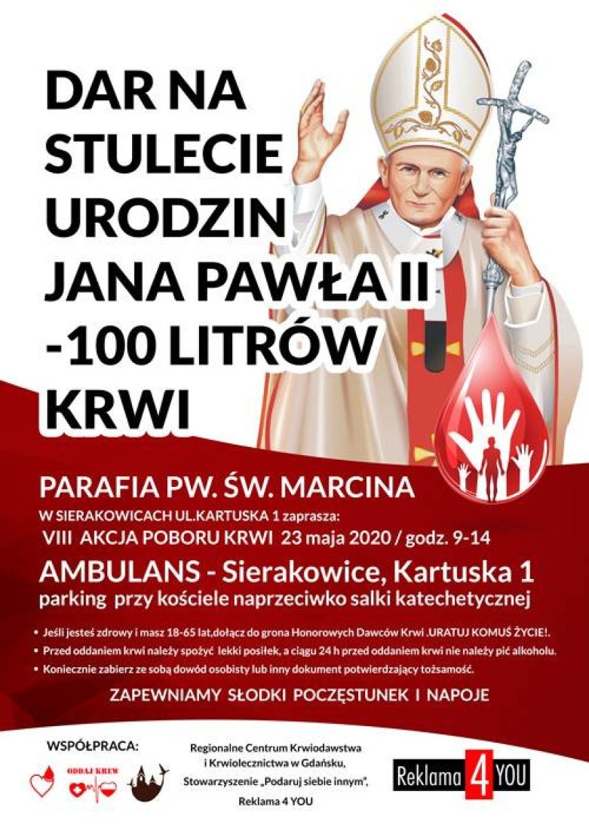 Sierakowice. Akcja krwiodawstwa z okazji 100-lecia urodzin Jana Pawła II