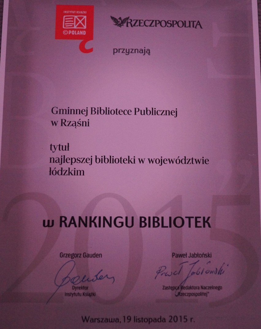 Biblioteka w Rząśni najlepsza w Łódzkiem 