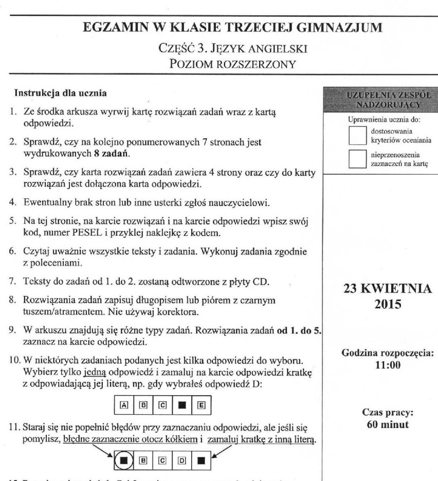 Egzamin gimnazjalny 2015: język angielski - ARKUSZ - poziom...