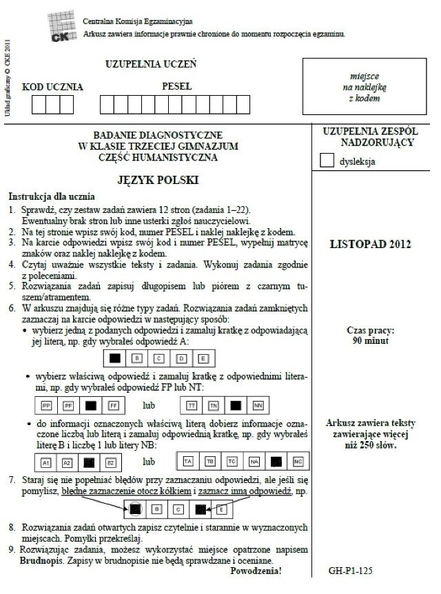 Próbny egzamin gimnazjalny 2013 język polski arkusze