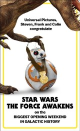 T-Rex wręczył medal droidowi BB-8. Filmowcy z wytwórni Universal pogratulowali wyniku twórcom "Gwiezdnych Wojen"