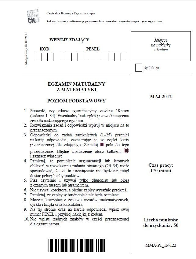 Matura 2012: matematyka - poziom podstawowy [ARKUSZE ODPOWIEDZI wkrótce]