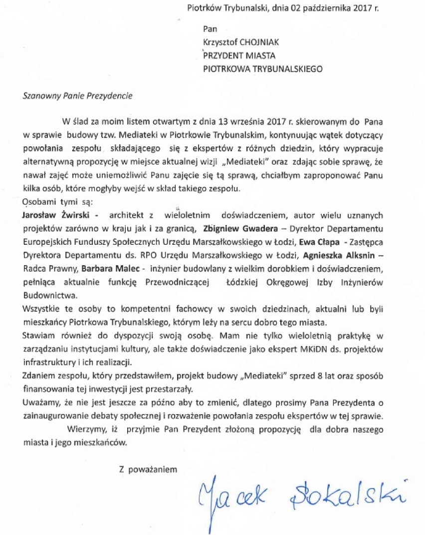 Mediateka w Piotrkowie - Jacek Sokalski postuluje powołanie...