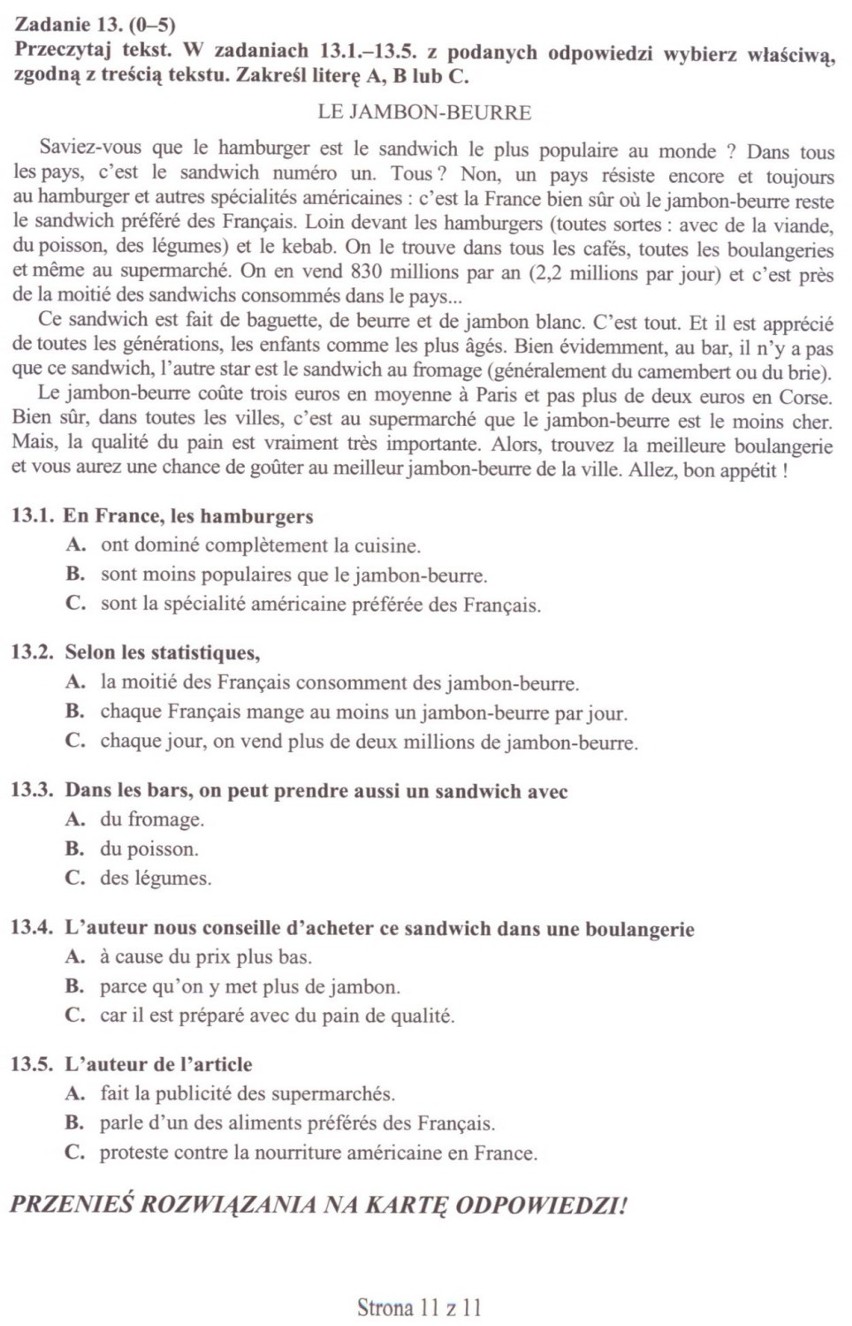 Egzamin gimnazjalny 2011 - język francuski - arkusze, pytania, odpowiedzi, rozwiązania