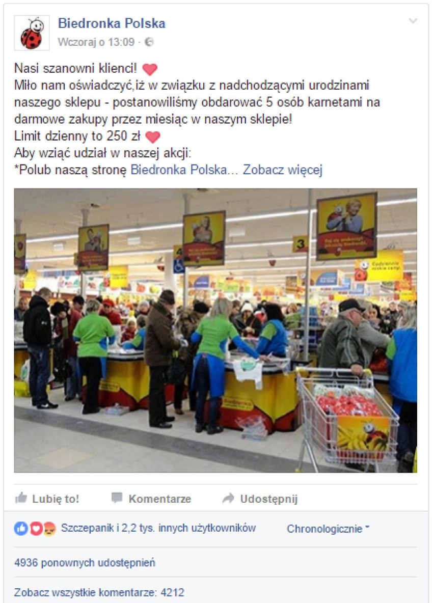 Biedronka i darmowe zakupy na Facebooku. Ten konkurs to oszustwo!