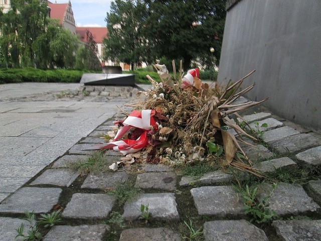 Wysuszone wieńce pod Pomnikiem Ofiar Czerwca 1956
