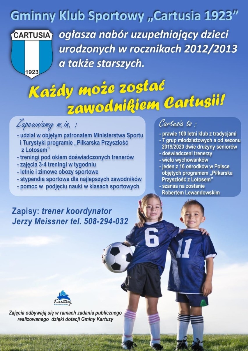 Cartusia 1923 ogłasza nabór uzupełniający dzieci z roczników 2012/13 i starszych