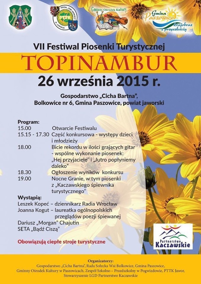 Plakat VII Festiwalu Piosenki Turystycznej "TOPINAMBUR" 2015 w Bolkowicach