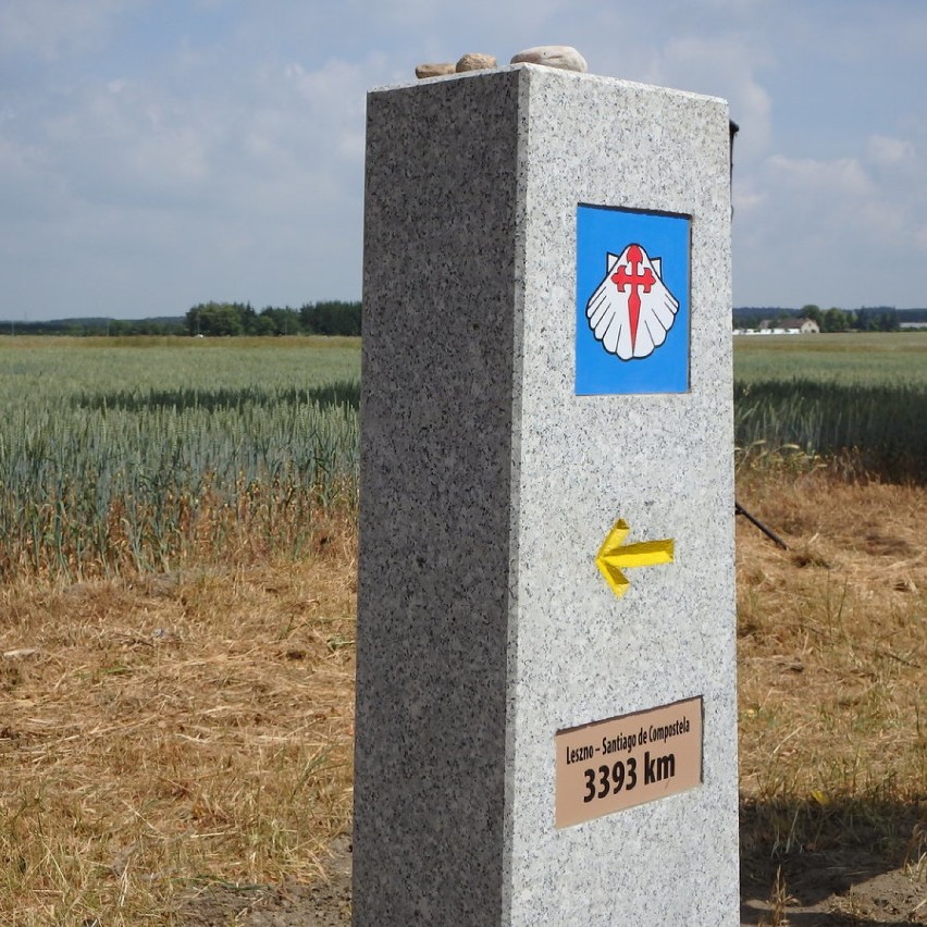 Otwarcie Drogi Świętego Jakuba w Lesznie - jest tablica informacyjna i kamienny słup [FOTO]