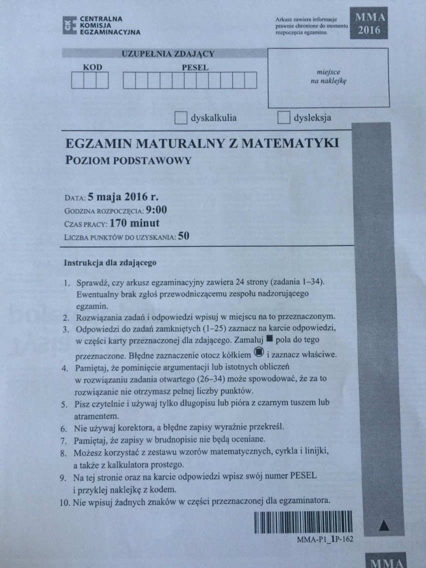 Matura z matematyki 2016: arkusze PDF, klucz odpowiedzi