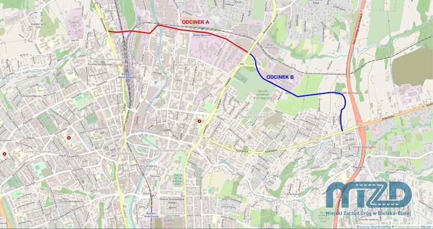 Mapa poglądowa z zaznaczonymi odcinkami A i B.