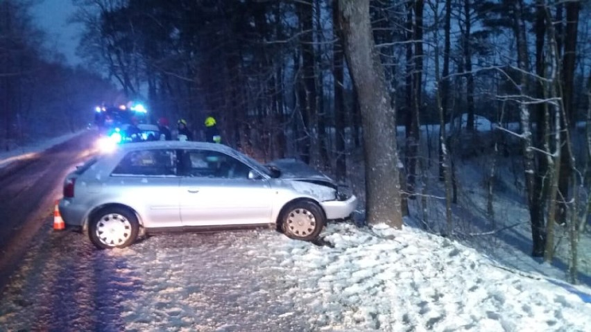 Wypadek w Pomysku Wielkim. Audi uderzyło w drzewo. Kierowca w szpitalu