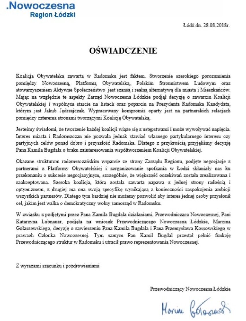Nowoczesna: Kamil Bugdal i Przemysław Kosowski z koła Nowoczesnej w Radomsku zawieszeni [OŚWIADCZENIE]