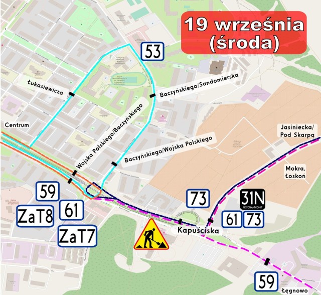 W środę (19 września) Zarząd Dróg Miejskich i Komunikacji Publicznej w Bydgoszczy wprowadził kolejne zmiany w kursowaniu autobusów. Spowodowane jest to kolejnym etapem prac remontowych na ul. Wojska Polskiego. W związku z tym odcinek jezdni Wojska Polskiego pomiędzy ulicami Baczyńskiego/Chemiczną został zamknięty dla ruchu kołowego.

Szczegóły utrudnień na Kapuściskach na kolejnych slajdach >>>