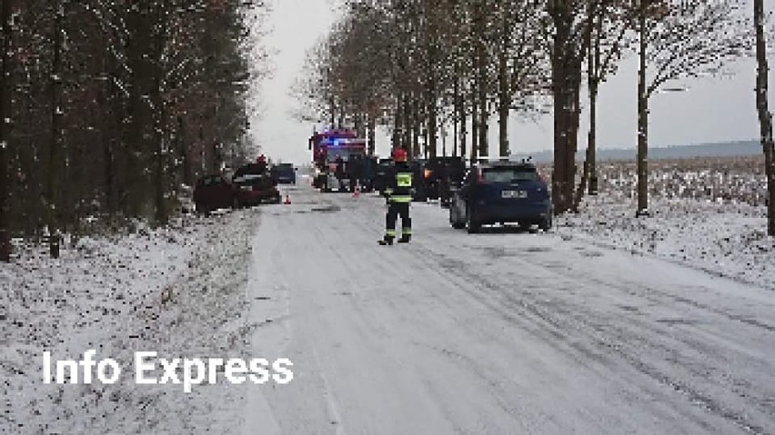 Wypadek w Panoszowie. 30-latek wpadł w poślizg i jego bmw czołowo zderzyło się z nissanem. Dwie osoby trafiły do szpitala ZDJĘCIA