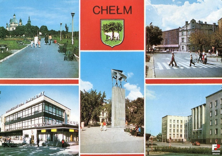 Lata 1975-1978, Chełm. Park XXX-lecia, w głębi kościół katedralny. Fragment Śródmieścia. Spółdzielczy Dom Handlowy. Pomnik Braterstwa Broni.  Gmach
